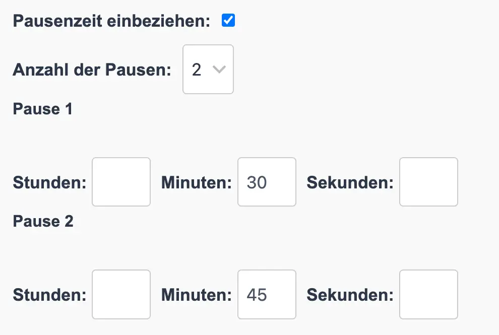 Pausenoption im Arbeitszeitrechner