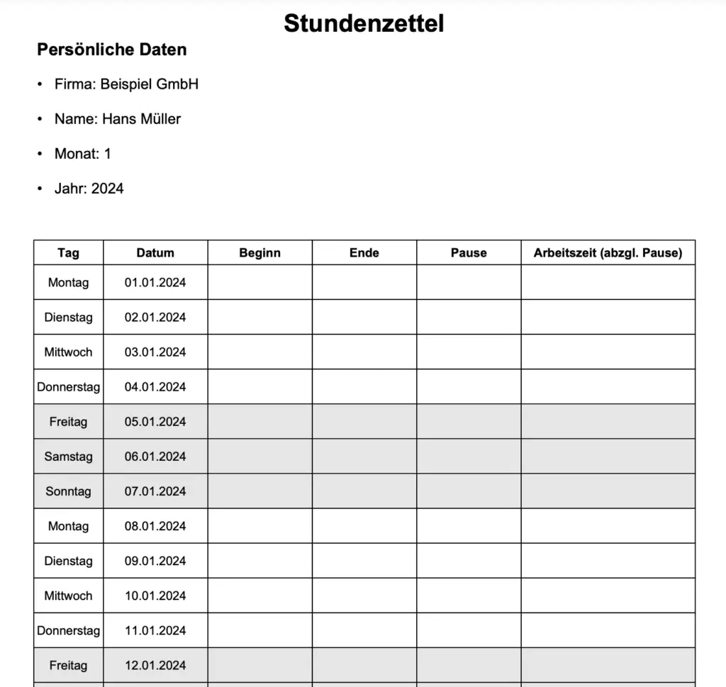 Beispiel Stundenzettel Vorlage PDF