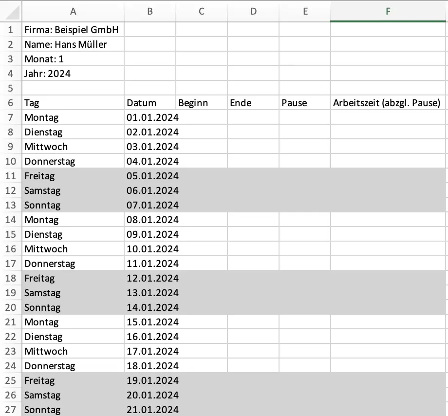 Beispiel Stundenzettel Vorlage excel