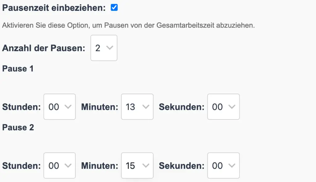 Pausenoption im Stundenrechner